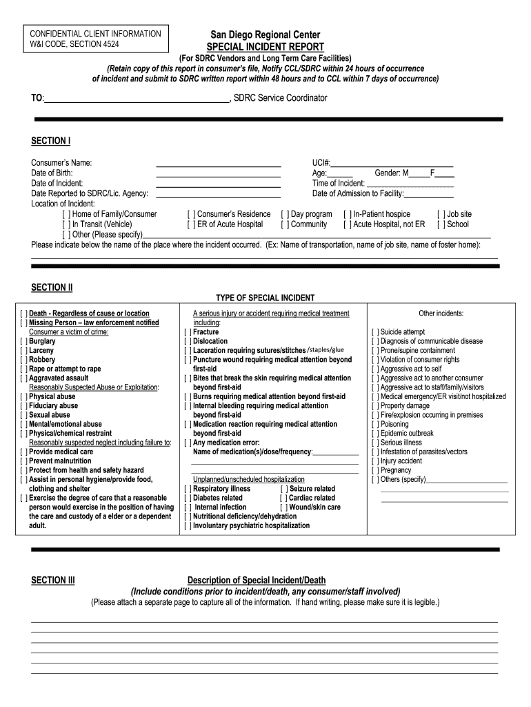 San Diego Regional Center Special Incident Report Fill Out Sign