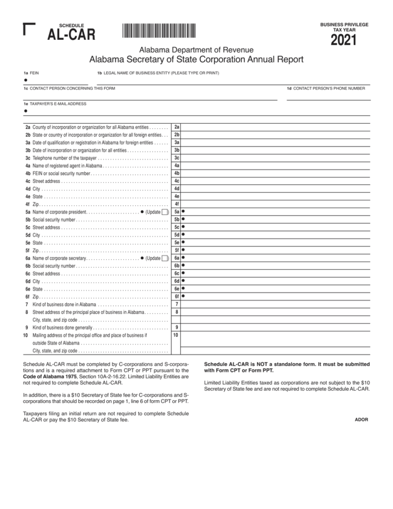 Schedule AL CAR Download Printable PDF Or Fill Online Alabama Secretary 