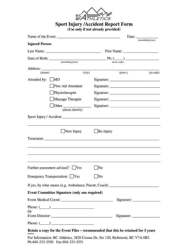 Sports Injury Report Form Template Fill Online Printable Fillable