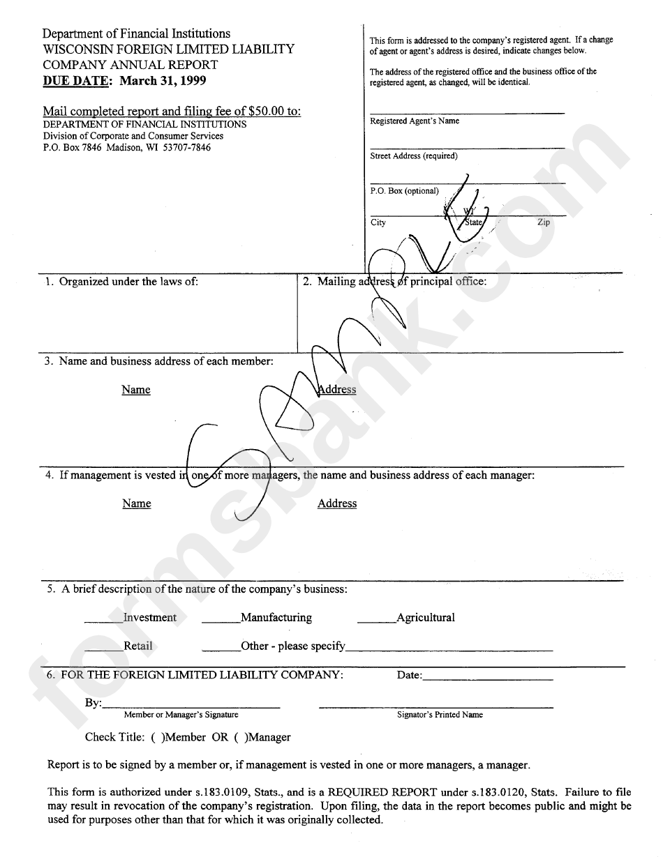 Wisconsin Foreign Lemited Liability Company Annual Report Form 1999