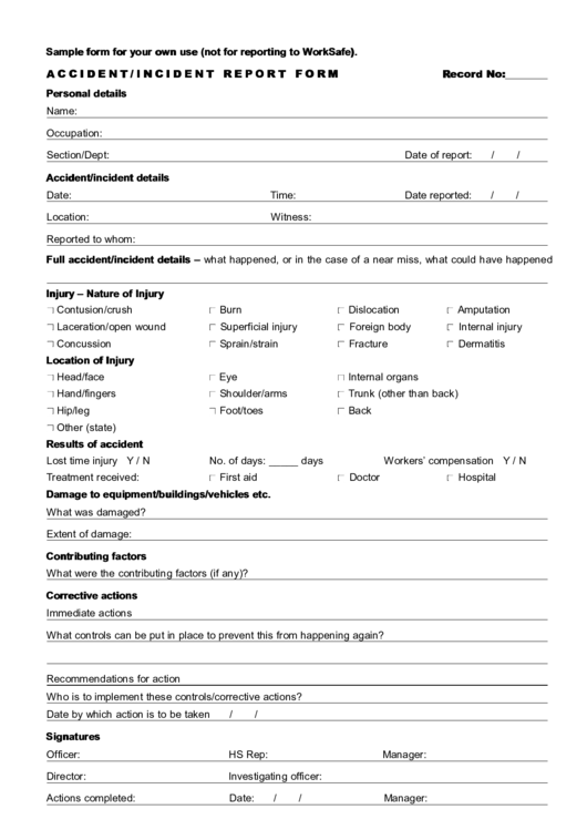 Worksafe Sample Accident Report Form Printable Pdf Download